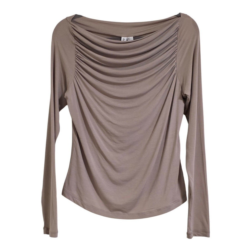 Other Stories Ruched Boat Neck Long Sleeve Top Beige Women Medium Modal Spandex